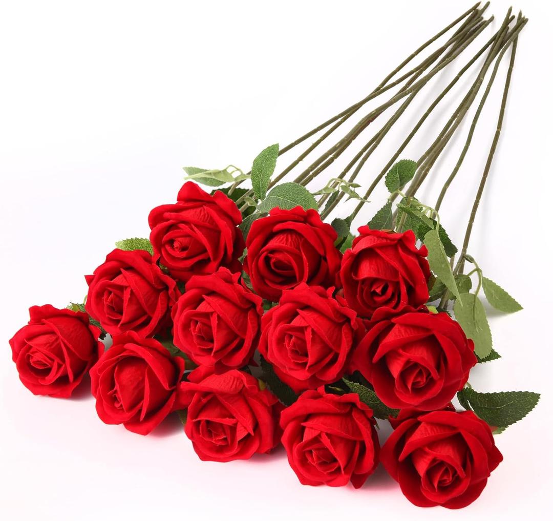 12PCS Realistic Red Silk Roses Bouquet, Artificial Flowers Fake Long Stem Roses, Fake Red Roses for Mother's Day, Home Decor & Wedding