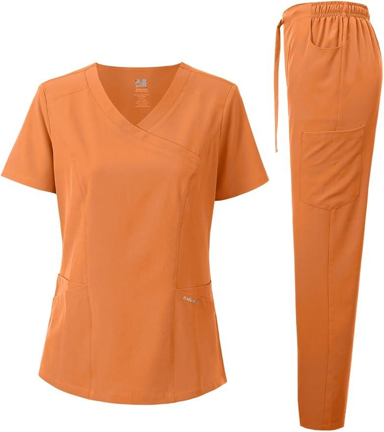 Dagacci Medical Uniform Women's Fitted Y Neck Natural Scrub Set (Orange, M)