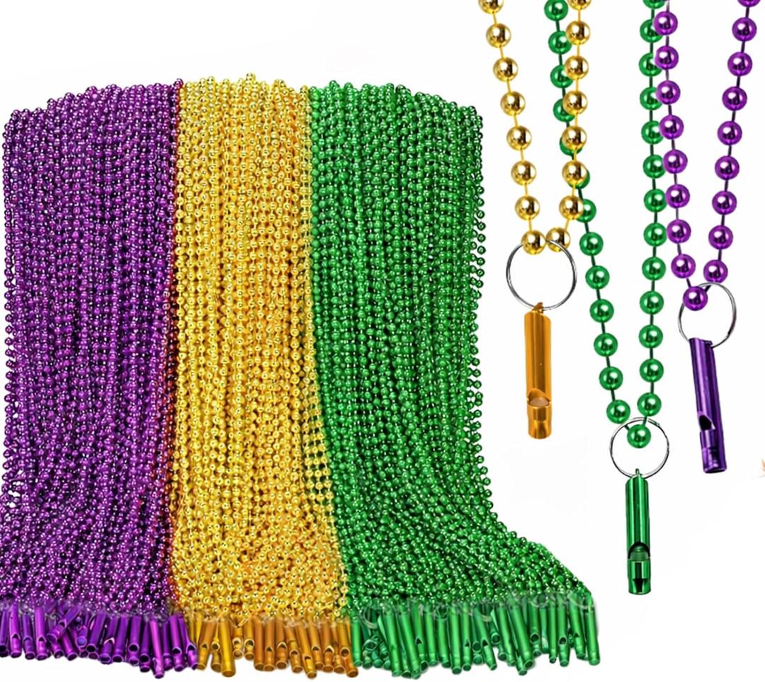 100 PCS Fat St. Patrick's Day Necklace - Fancy Assorted Color Party Beads with Aluminum Whistle - 33 Inch Plastic Beaded Necklaces for Carnival Parade Festival Events