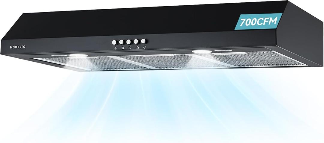 36" Under Cabinet Range Hood, Convertible Ducted/Ductless, 700 CFM Powerful Suction, 3-Speed Touch Control, 2 LED Lights, 6-Layer Stainless Steel Filters, Black
