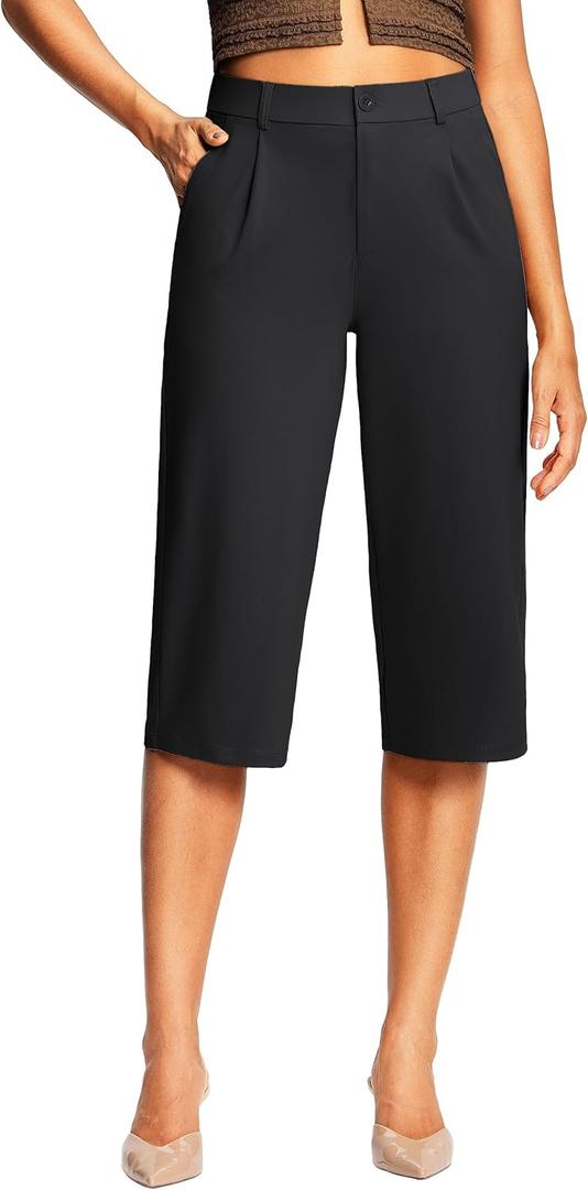 ISEEGZ 18" Capri Pants for Women Wide Leg Stretchy Casual Capris Pleated Dress Pants with Pockets Business Lounge Work, M