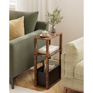 Narrow Side Table, 3-Tier Night Stand with Storage Bag, Skinny Nightstand for Small Spaces, Wooden Bedside Table for Living Room, Bedroom, Rustic Brown