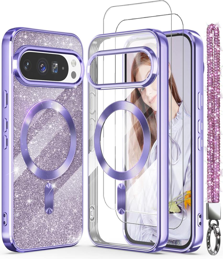 Magnetic for Google Pixel 10/10 Pro Case + 2X Screen Protectors,Luxury Plated Gold Edge [Glitter Card&Wrist Strap] Slim Soft Crystal Clear TPU Shockproof Case Cover for Pixel 9/9 Pro-Purple