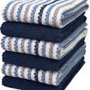 Premium Kitchen Towels (16x 26, 6 Pack) | Large Cotton Kitchen Hand Towels | Popcorn Striped Design | Dish Towels | 430 GSM Highly Absorbent Tea Towels Set with Hanging Loop | Blue (Blue - Wide Stripes)