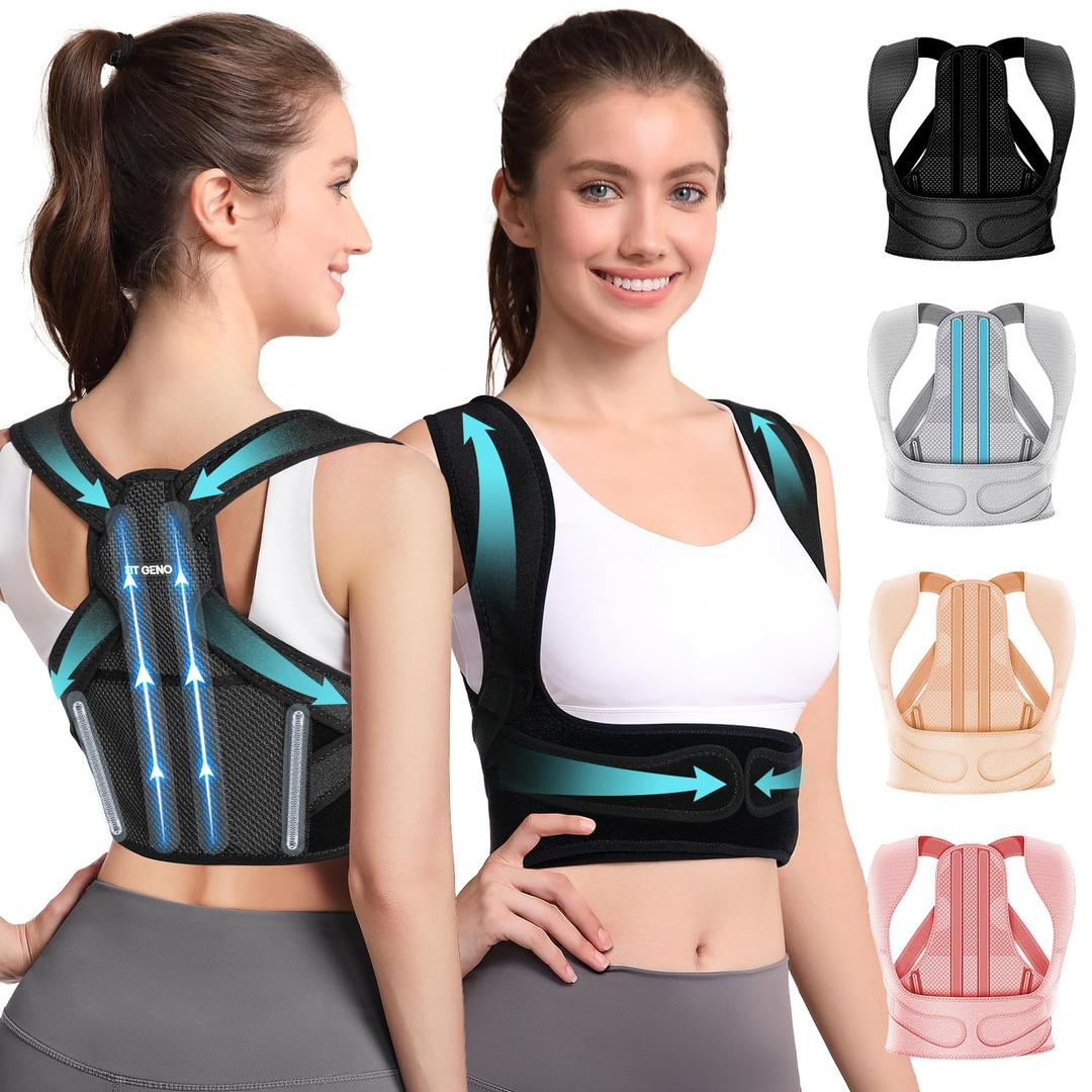 Fit Geno Posture Corrector for Women & Men: Adjustable Lightweight Upper Back Brace for Neck Shoulder & Upper Back Pain Relief - Improve Posture Correct Hunchback Slouching Invisible Under Clothes (XS/S Under Bust 30"-43") (Black)