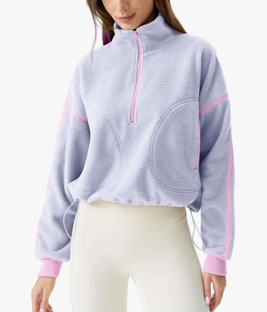 QINSEN Women's Half Zip Fleece Short Pullover Sweatshirt Winter Long Sleeve Cozy Sherpa Sweater Top, Small