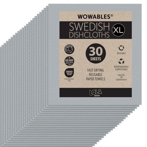 Swedish Dishcloths for Kitchen XL, 30 Sheet Roll, Biodegradable & Compostable, Reusable Paper Towel Cleaning Cloths, 11" x 10", No Odor, Washing Dishes, Ultra Absorbent Cellulose Sponge Towel, By LOLA