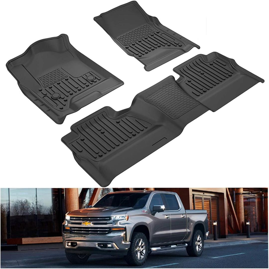 KIWI MASTER Floor Mats for 2014-2018 Chevy Silverado/GMC Sierra 1500 Crew Cab, 2015-2019 Silverado/Sierra 2500/3500 HD Crew Cab Front Rear Seat 2 Row All Weather Mat Liners Black