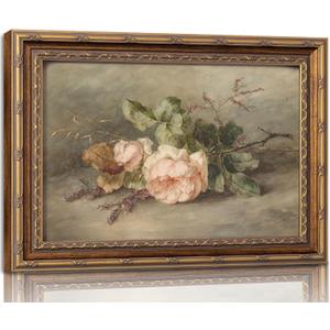 Vintage Gold Framed Flower Still Life Wall Art Retro Rose and Wildflower Wall Decor Pink Floral Print artwork Farmhouse Country Flower painting Picture for Gallery Kitchen Living Room Bedroom 16X24in