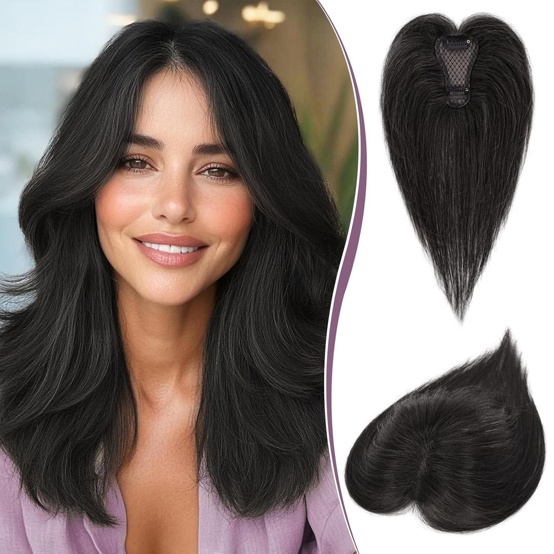 RUWISS Hair Toppers for Women Real Human Hair  Lightweight Natural Black Clip-in Hair Piece for Thinning Hair, Fluffy Straight Hair Topper without/with Bangs Hair Pieces for Women