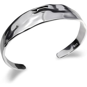 Silver Thin Cuff Bracelet Vintage Hammered Texture Style Statement Open Bangle Chunky Bracelets for Women