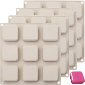 Hedume 4 Pack Silicone Soap Molds, 9 Cavities Square Soap Mold DIY Handmade Silicone Mold for Soap Making, Pudding, Muffin, Loaf, Brownie, Cornbread