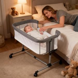Cheermomo Bassinet Bedside Sleeper with Wheels, 5 Height Adjustable Baby Crib, 2-in-1 Baby Bedside Bassinet, Breathable Full Mesh & Mattress, Stable and Secure Bed for Newborn Infant (Basic Grey)