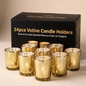 LETINE 23pcs Gold Votive Candle Holders – Glass Tea Light Candles Holder, Standard Votive Size for Regular Votive Candles – Bulk Candle Holder for Party Decorations, Bridal Shower, Holiday Decor, one broken