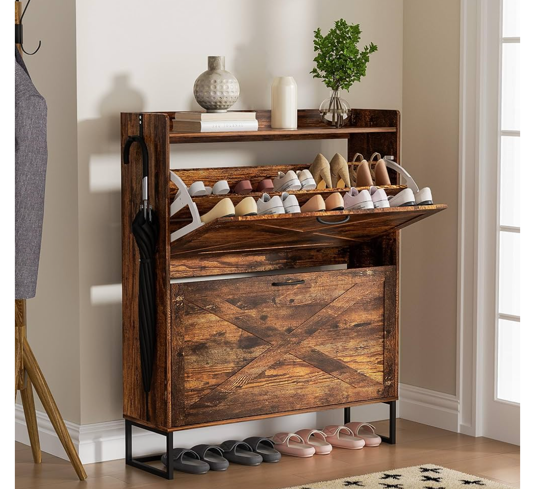 Shoe Cabinet with 2 Flip Drawers, Freestanding Shoe Organizer with Removable Hooks, Narrow Shoe Rack Cabinet for Entryway, Hallway, Living Room, Rustic Brown
