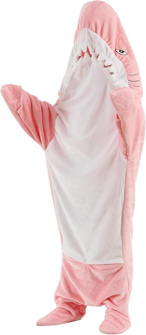 ZPECC Shark Blanket Onesie Hoodie - Wearable Shark Costume Pajamas with Fins, Cozy Flannel Animal Blanket for White Elephant Gift Movie Night Party (Pink,L) (L (Fit for Height 4'7"-5'4"))