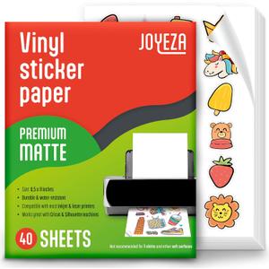 JOYEZA Premium Printable Vinyl Sticker Paper for Inkjet Printer - 40 Sheets Matte White Waterproof, Dries Quickly Vivid Colors, Holds Ink Well- Tear Resistant - Inkjet & Laser Printer (40-Pack)