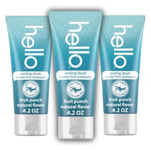Hello Smiling Shark Fluoride Free Kids Toothpaste, Natural Fruit Punch, 4.2 Oz Tube (Pack of 3)