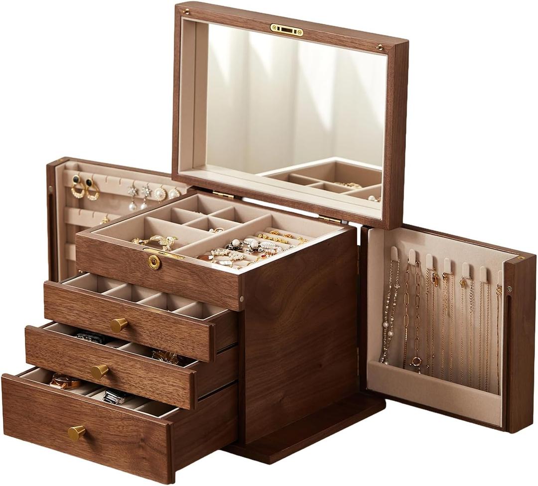 Black Walnut Wooden Jewelry Box for Women with Lock, Mirror, 4 Layer