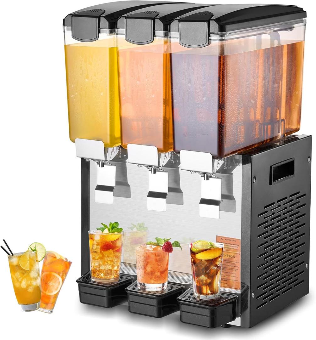 VEVOR Commercial Beverage Dispenser, 3 Tanks 10 L / 10.6 QT Per Tank Juice Dispenser, 440W Stainless Steel Ice Tea Drink Machine with 45F-54F Cooling Temperature, for Cold Drink Restaurant Bar Party