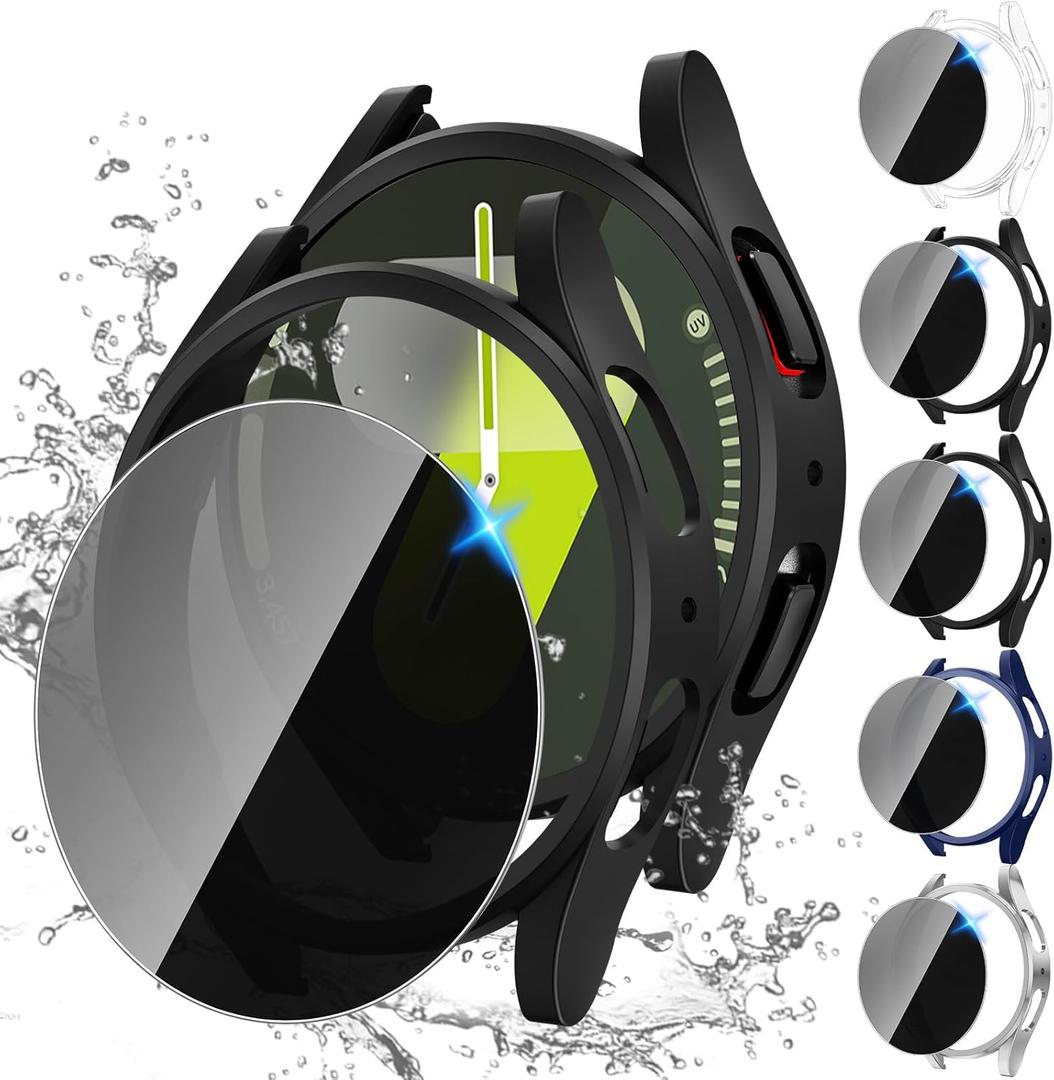 Tensea [5+5Pack for Samsung Galaxy Watch 7 Screen Protector Case 44mm Accessories, Hard PC Bumper/HD Anti-Fog Tempered Glass Protective Film, Face Cover Set, Galaxy Watch 7 Case for Women Men (Clear/Black/Black/Silver/Blue(black screen))