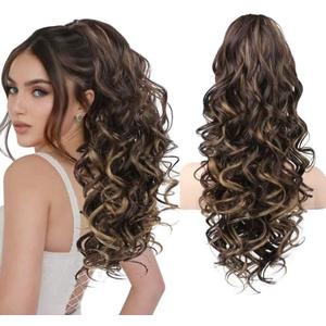 REECHO Ponytail Extension, 24" Claw Clip in Ponytail Extensions Long Curly Wavy Jaw Clip on Pony Tails Hairpiece for Women, Dark Brown with Highlights