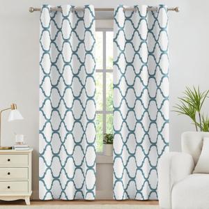 Melodieux Moroccan Fashion Thermal Insulated Room Darkening Blackout Grommet Curtains for Living Room, 42 by 84 Inch, Off White/Dusty Teal (2 Panels)