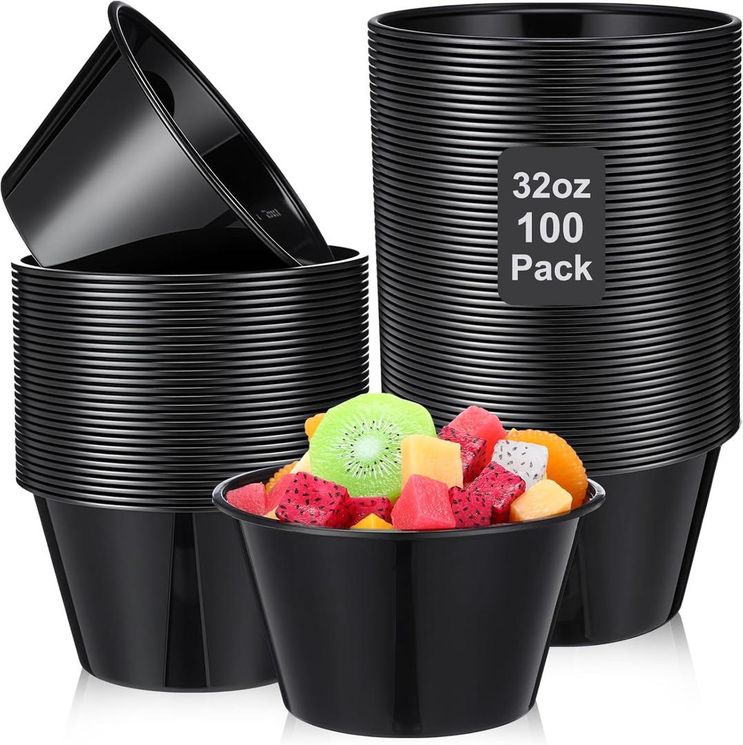 100 Pcs 32 Oz Disposable Plastic Bowls Stackable Salad Bowls Large Serving Soup Tableware Candy Bar Containers for Party Salad Bar Buffet Serving (Black)