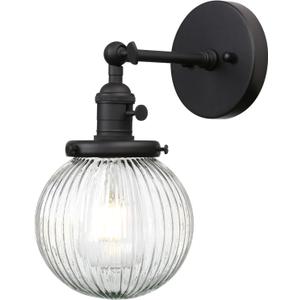 PERMO Vintage Industrial Wall Sconce Matte Black Single Wall Sconces with 5.9" Round Clear Globe Ribbed Glass Shade Hardwired Wall Light for Bedroom Living Room Office