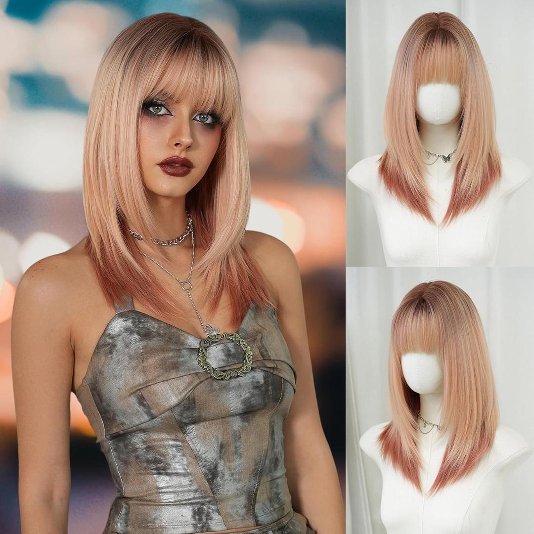 7JHH WIGS Long Straight Pink Blonde Ombre Layered Wig with Bangs 21inch Layered Straight Dark Orange Ombre Synthetic Natural Looking Wigs for Women Party Cospaly and Daily Used