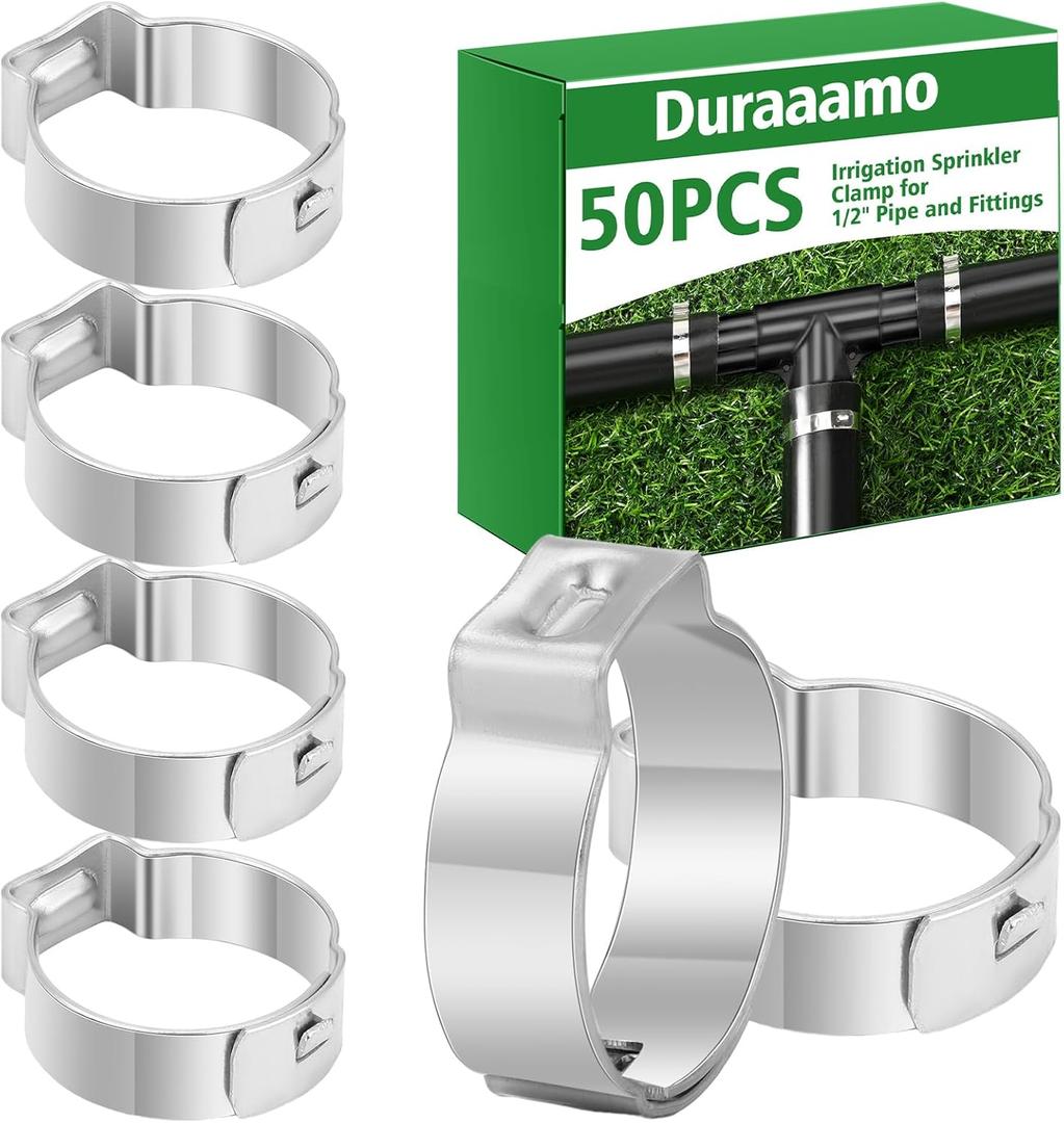 Duraaamo Irrigation Sprinkler Clamp Pinch Double Gripping Leakproof Hose Pipe Clamps, Solution for Leaking of Drip Irrigation Kit Connector for Pipe and Fittings, Stainless Steel (50 Pcs,1/4")