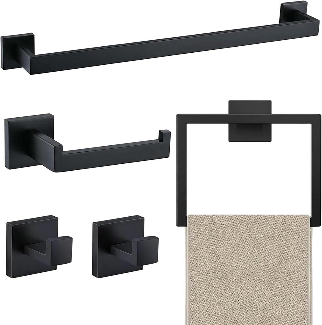 JOPOFI 5 Piece Bathroom Towel Bar Set - 23.6 Inch Bathroom Towel Holder, SUS304 Stainless Steel Towel Racks for Bathroom Wall Mounted, Bathroom Hardware Accessories Set - Matte Black