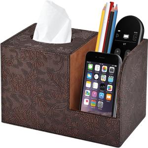 PU Leather Tissue Box Cover Square Tissue Holder Tissues Box Organizer with 2 Compartment, Remote Control Holder, Multifunctional Decorative Tissue Box Covers Cube, Home Office Desktop Storage Box, Retro