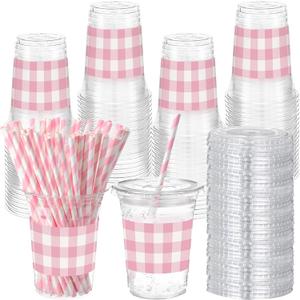 Sliner 50 Sets 16 oz Pink Gingham Party Plastic Cups Pink Checkered Plaid Disposable Drinking Cups with Lids and Paper Straws for Christmas Baby Shower Wedding Birthday Party Supplies