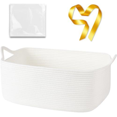 OIASKET Large Empty Gift Baskets for Baby Shower, 18.9" L x 13.8" W x 7.8" H Cute Woven Storage Basket with Gift Bags and Ribbons, Small Rope Toy Basket with Handles, Cat Dog Pet Toy Organizer - White