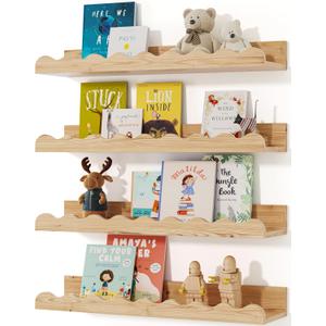 Nursery Book Shelves, 4-Pack Wood Floating Shelves for Wall Kids, Scalloped Shelves, Wall Book Shelves for Bedroom Kids, Toddler Room, Baby Room, Nursery Decor(Wood, 36 Inches)