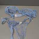 Lilosy Sexy Underwire Cute Push Up Strappy Embroidered Mesh Sheer Lingerie Set See Through Panty Bra (Large, Bow Light Blue)