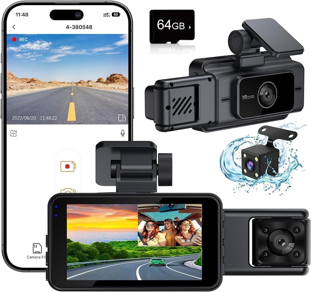 Dash Cam Front and Rear, Car Camera with 64GB Card, 3 Channel Dash Camera for Cars, G-Sensor, 3IPS Screen, 24Hr Parking, 170Wide Angle, Loop Recording, IR Night Vision