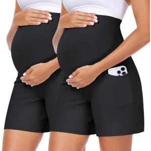 2 PCs Summer Mae CloudFeel Maternity Shorts with Pockets Over The Belly Pregnancy Yoga Workout Biker Short Active Athletic Pants XL