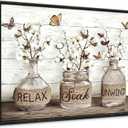 Black Framed Farmhouse Bathroom Wall Art - Rustic Cotton Flower Vase Relax Soak Unwind Canvas Prints, Butterfly Floral Wall Decor for Bathroom Laundry Room, 16x24 Inch