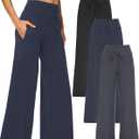 3 Pack Wide Leg Yoga Pants for Women, Comfy Lounge Pajama Sweatpants Loose Causal Palazzo with Pockets (Small, Black/ Dark Grey/ Navy Blue)