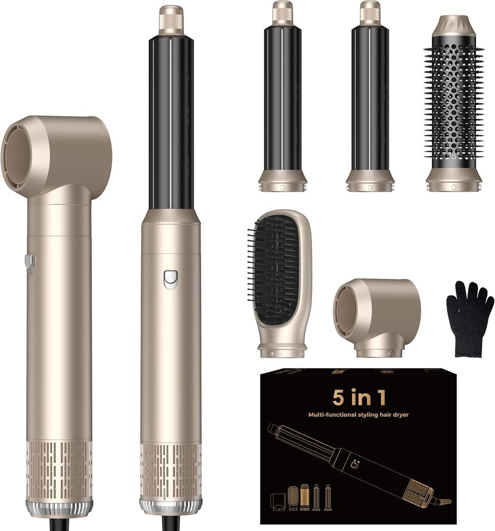 Blow Dryer Brush Set 5 in 1, Hot Air Styler Negative Ionic Low-Temp Hair Care Air Curling Wrap, Round Brush Dryer & Curling Iron for Dry Volumize Straight Curl, 100-120V (Champagne Gold)