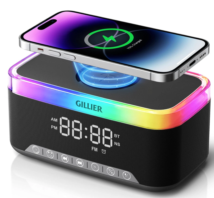 GILLIER Wireless Charging Alarm Clock Radio for Bedrooms – 15W Fast Wireless Charger Station for iPhone/Samsung, Bluetooth Stereo Speaker with FM Radio, Dimmable Display, USB Port, Sleep Timer, Black