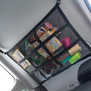 Car Ceiling Cargo Net Pocket Adjustable Double-Layer Mesh SUV Roof Organizer Long Trip Ceiling Storage Net, Car Camping Cargo Net for SUV, Van Life Accessories, 78.74 x 53.34, SUV