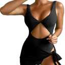 SKAYS Women Hollow One-Piece Swimsuit Solid Color Sexy Twist Pattern Transparent Coverup Two-Piece Set, XL, Small