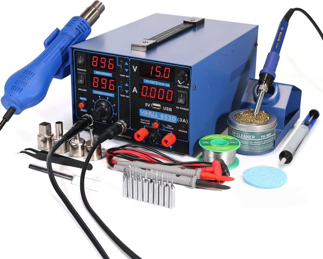 YIHUA 853D USB 3A-Three Tools- Soldering Station, Hot Air Rework Station and Power Supply 0~3A, 0-15V with output and test modes. Also C/F display, Digital Cal, Sleep Function YIHUA 853D USB 3A-Three Tools- Soldering Station, Hot Air Rework Station and Power Supply 0~3A, 0-15V with output and test modes. Also C/F display, Digital Cal, Sleep Function