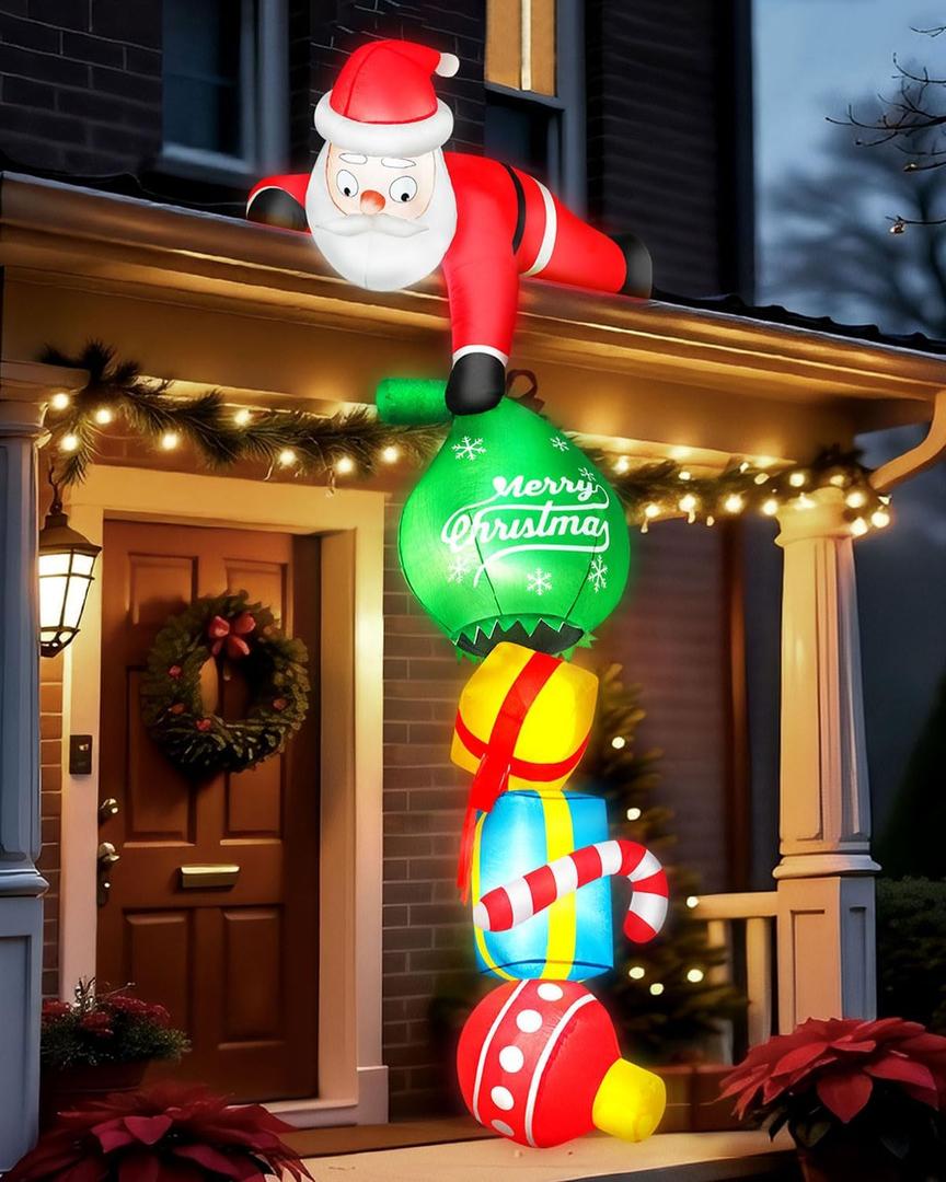 8FT Hanging Christmas Inflatable Outdoor Decoration Climbing Santa Pulling Gift Box Bag Funny Christmas Blow Up Yard Decorations with Built-in LEDs for Roof Balcony Window Tree Xmas Decor