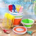 MiniInflat 18 Pcs Foldable Sand Buckets and Shovels and Mesh Bags for Kids Beach Tools Sand Toys Metal Garden Tools for Camping Gear, Travelling, Fishing Water Pail, Bright Colors