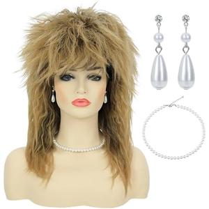 Bettecos 80s Women Rock Diva Costume Wig with Necklace and Earring for Women Big Hair Blonde 70s 80s Rocker Mullet Wigs Glam Punk Rock Rockstar Cosplay Wig for Halloween Party (Blonde)
