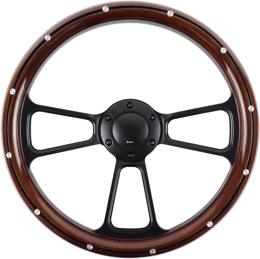 Universal Wooden Racing Steering Wheel 14 Inch 6 Bolt Black Aluminum 3 Spoke Rivet Steering Wheel with Horn Button for Racing/Rally/Motor Sports
